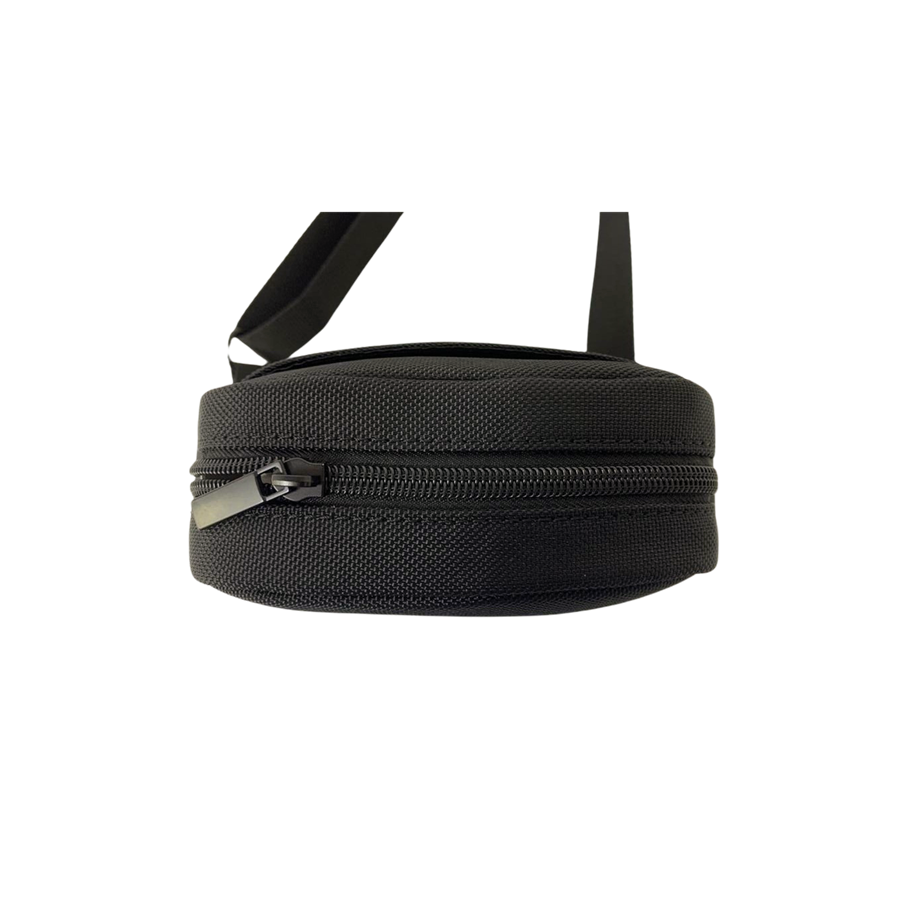 Black men's crossbody bag with front zip pocket and back open pocket