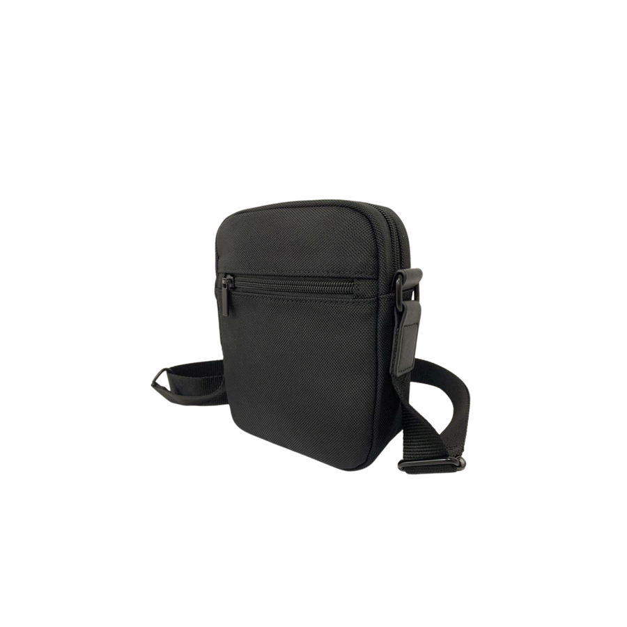 Black men's crossbody bag with front zip pocket and back open pocket