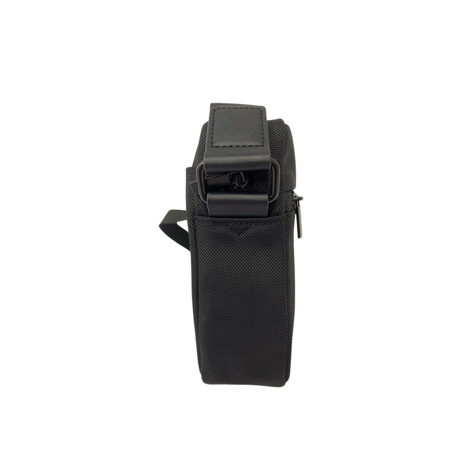Black men's crossbody bag with front zip pocket and back open pocket
