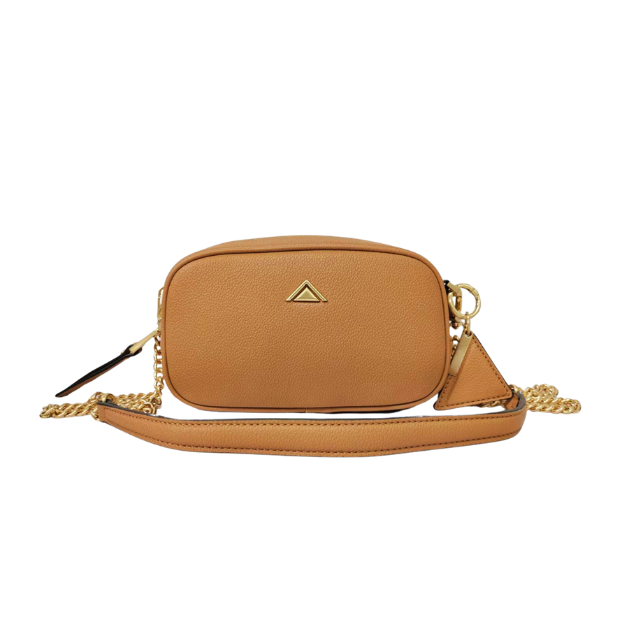 Camel ladies crossbod bag with decorative metal plate and detachable hangtag