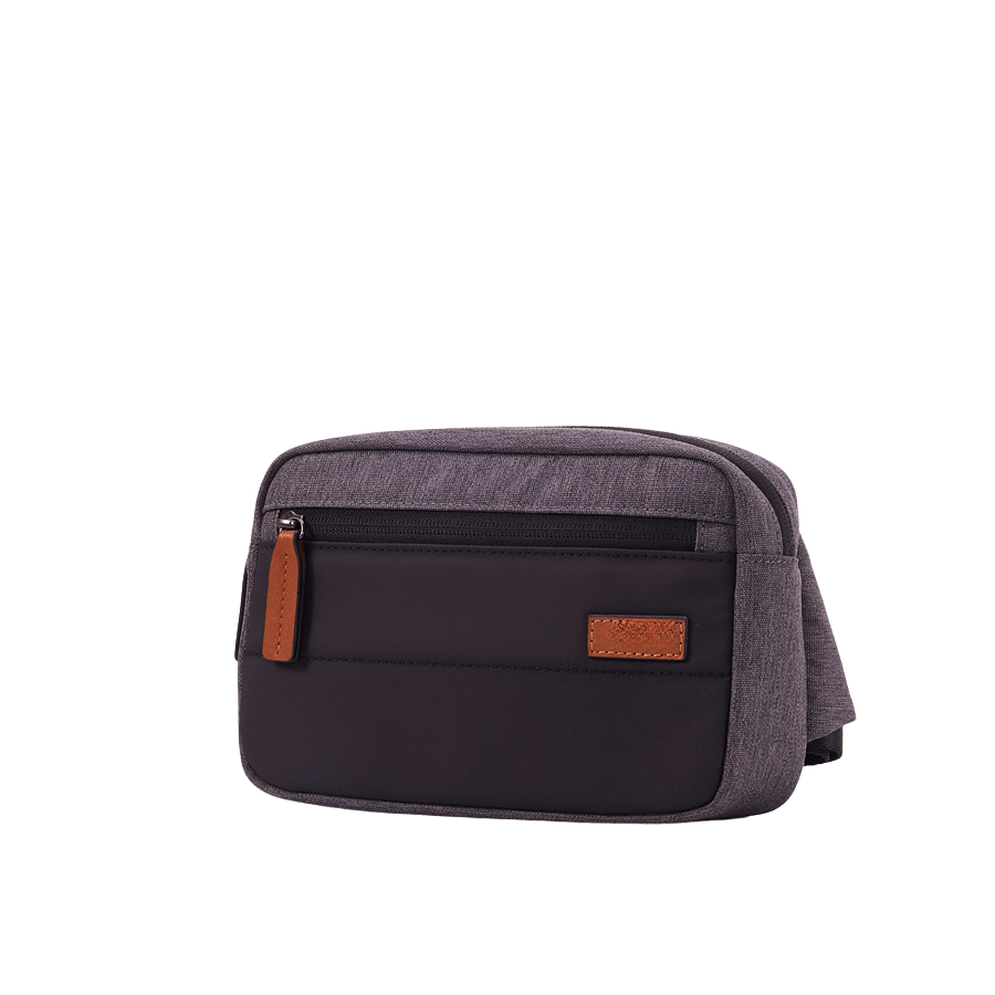 Grey belt bag with black trim PU and front zip pocket