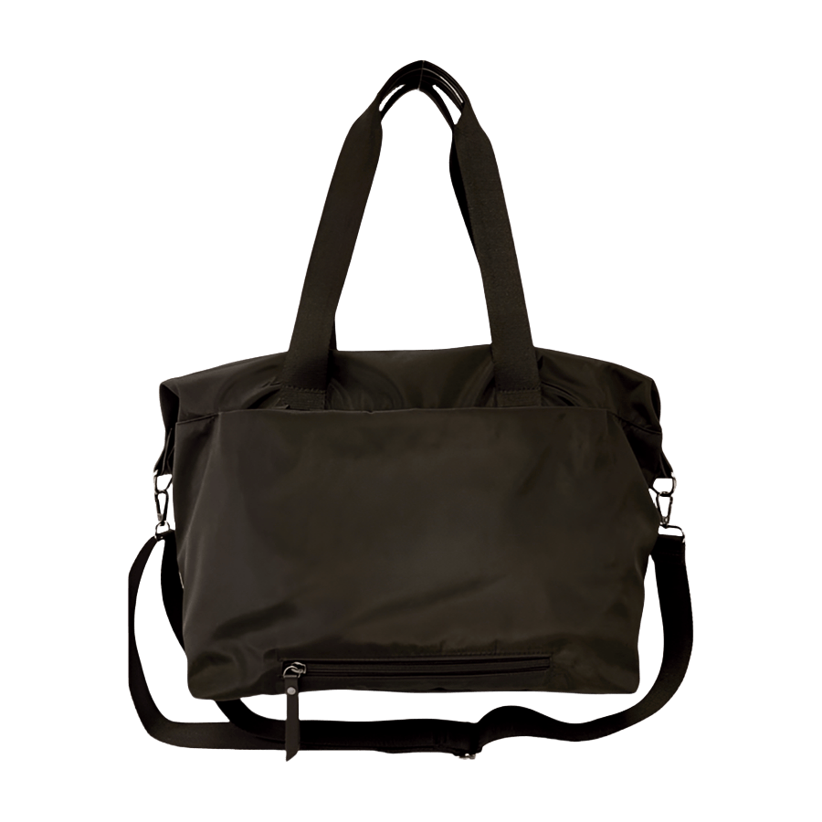 Black travelling handbag with front zip pocket and back strap to attached luggage