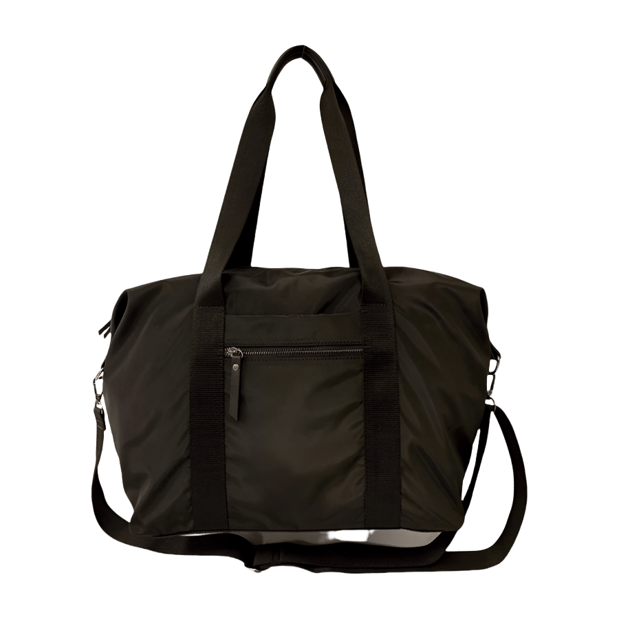 Black travelling handbag with front zip pocket and back strap to attached luggage