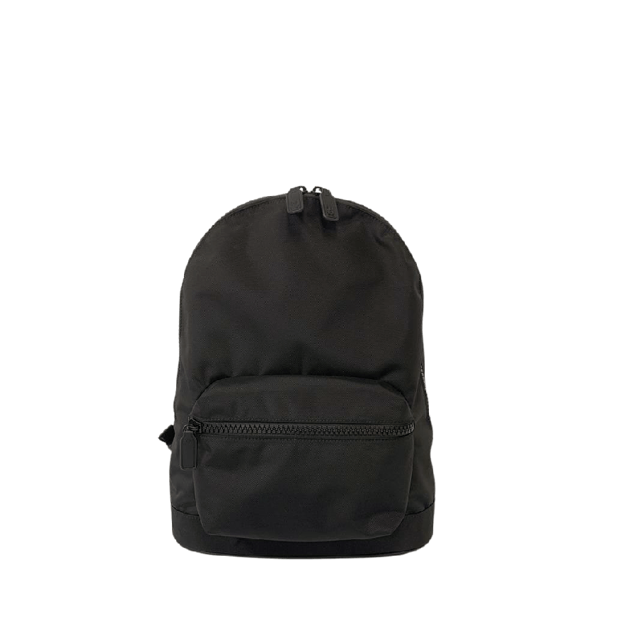 Black backpack with front zip pocket and double puller for top closure