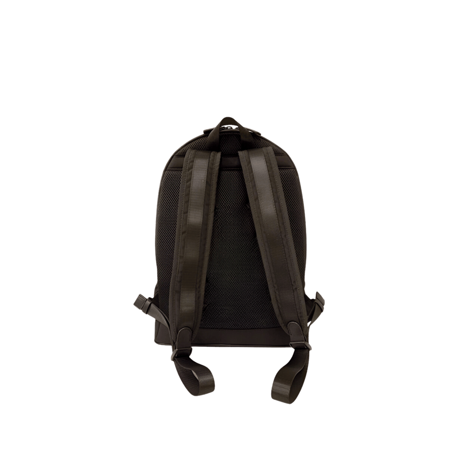Black backpack with front zip pocket and double puller for top closure