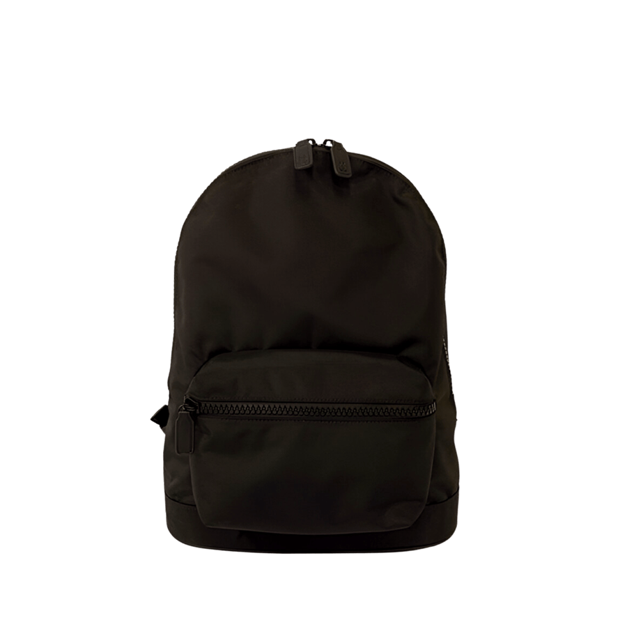 Black backpack with front zip pocket and double puller for top closure