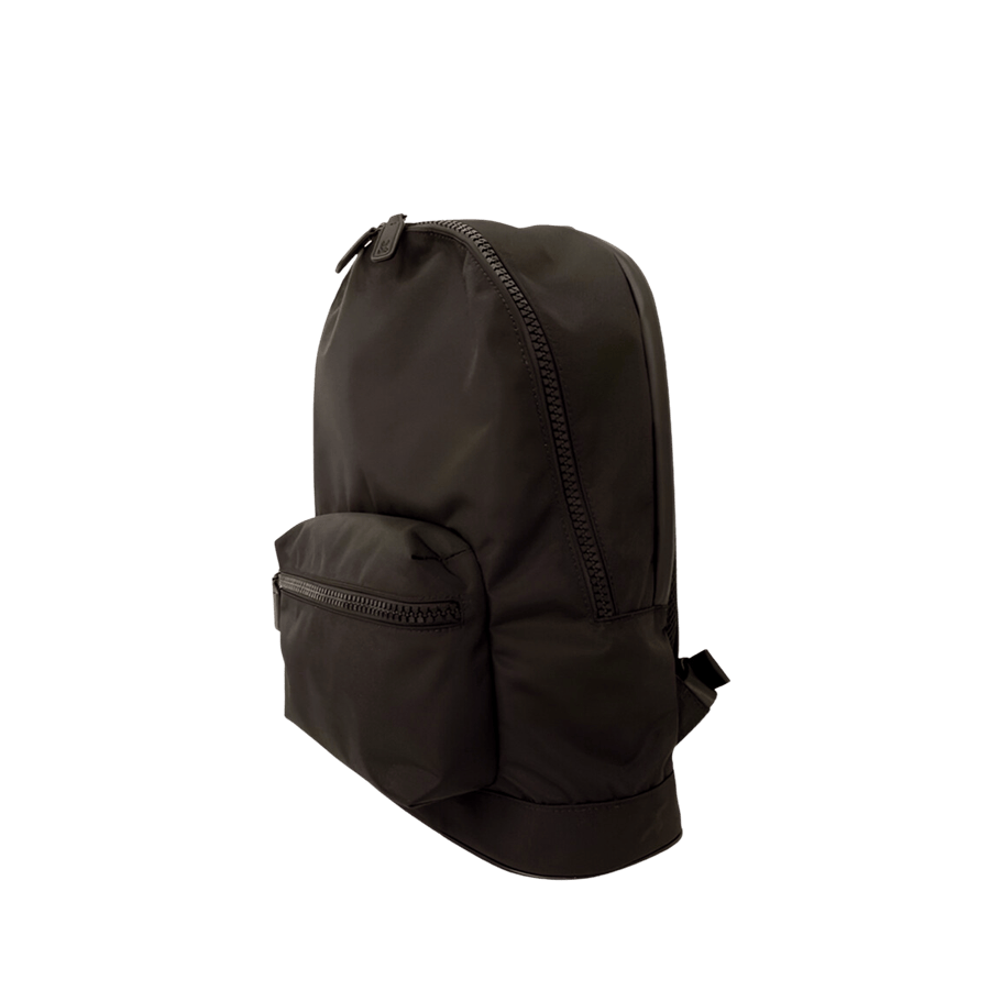 Black backpack with front zip pocket and double puller for top closure