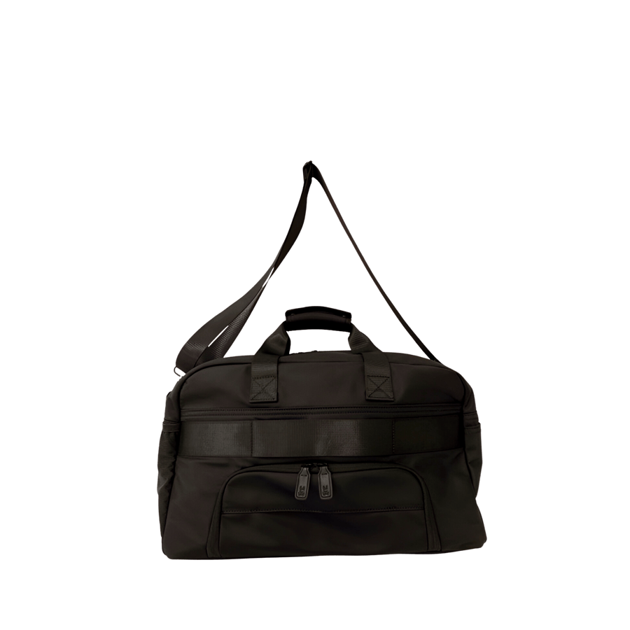 Black travelling duffel bag with shoes pocket on the bottom and webbign loop