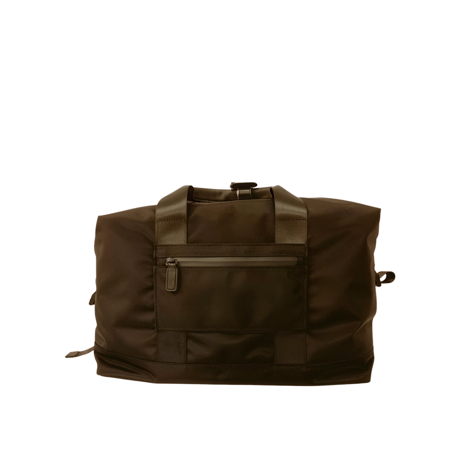 Black travelling duffel bag with front zip pocket and zip pocket to attached the luggage