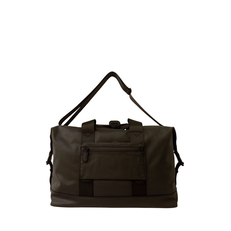 Black travelling duffel bag with front zip pocket and zip pocket to attached the luggage