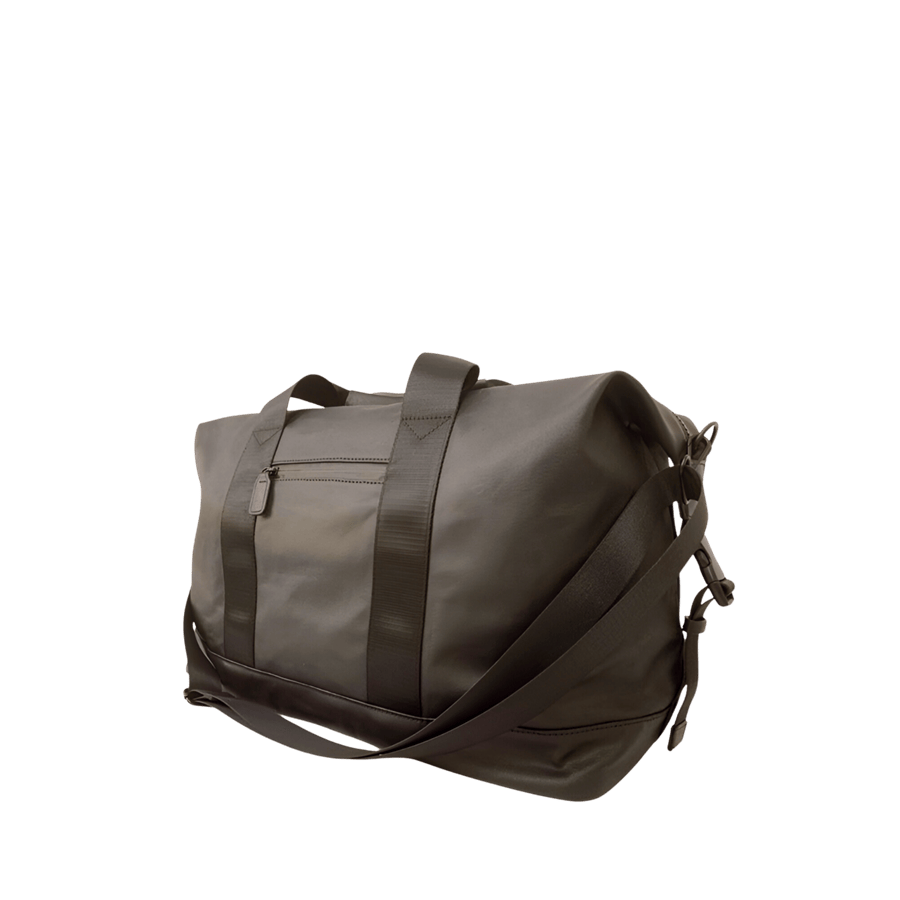 Black travelling duffel bag with front zip pocket and zip pocket to attached the luggage