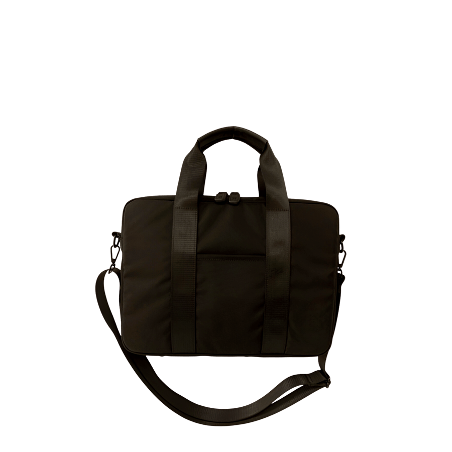 Black briefcase with front open pocket and back strap to attach the luggage