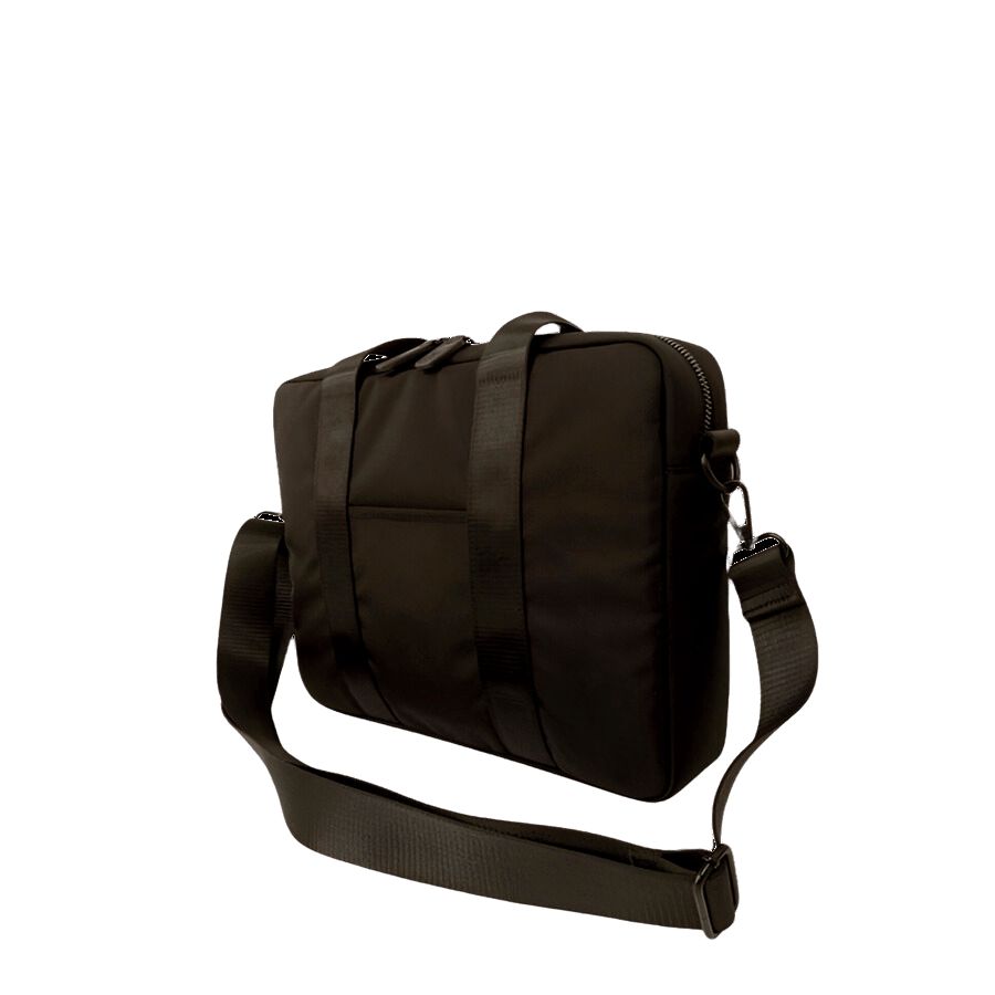 Black briefcase with front open pocket and back strap to attach the luggage