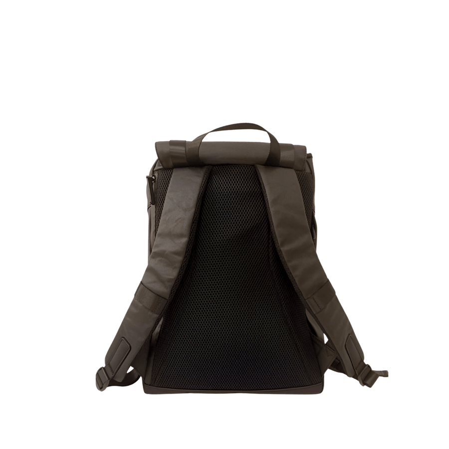 Black travelling backpack with front zip pocket and top string closure