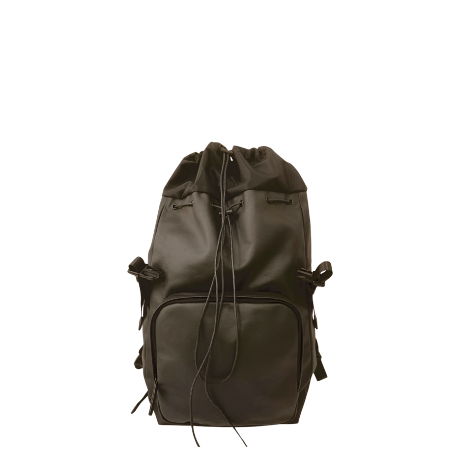 Black travelling backpack with front zip pocket and top string closure