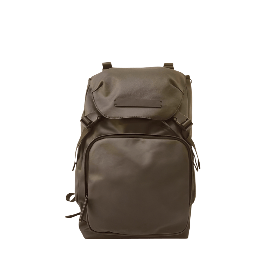 Black travelling backpack with front zip pocket and top string closure