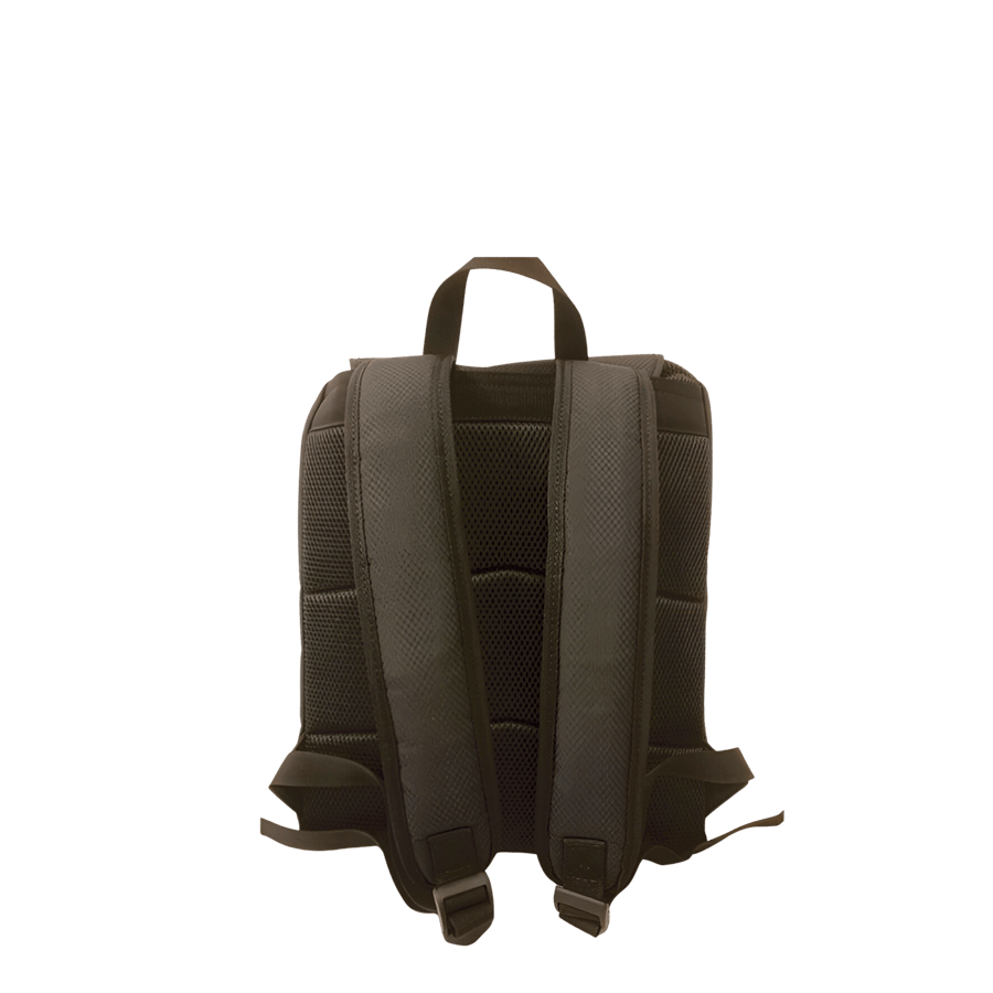 Black backpack with front open pockets and string top closure