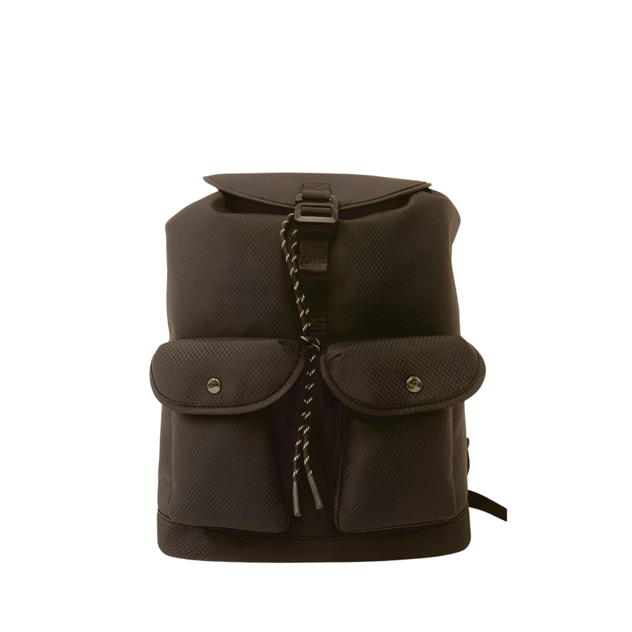 Black backpack with front open pockets and string top closure