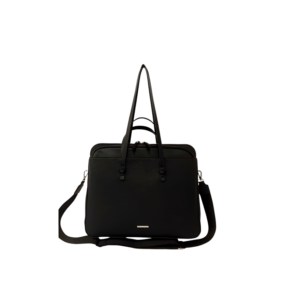 Black briefcase with double handle and front zip pocket