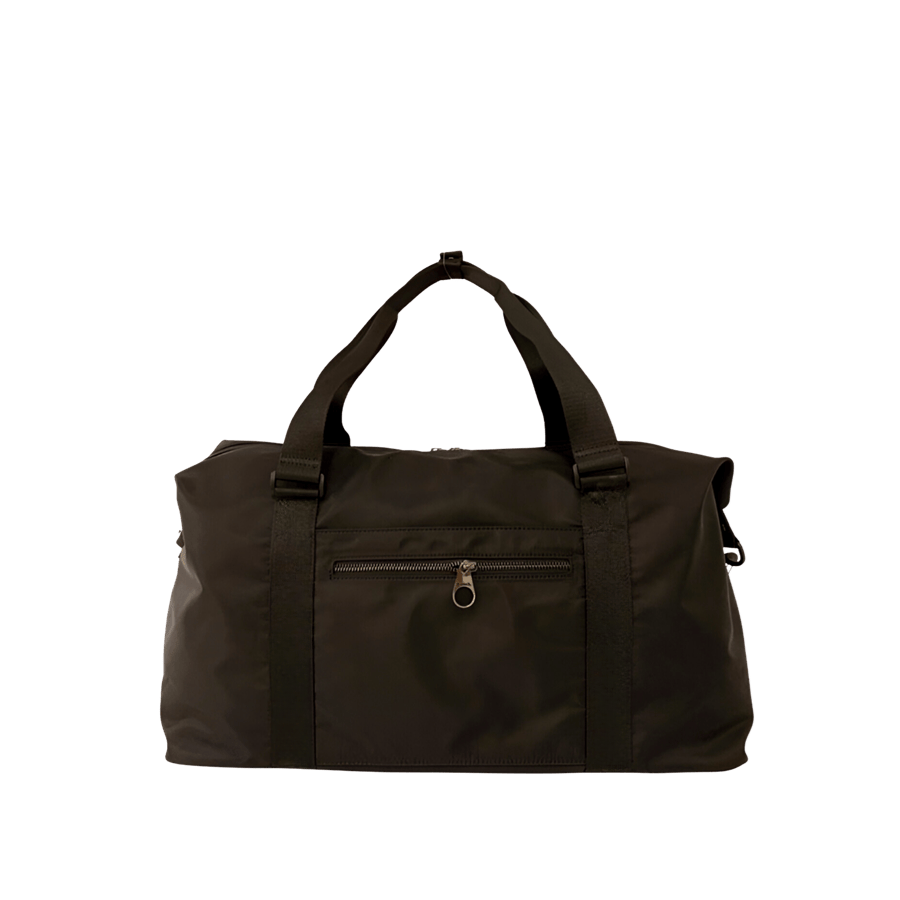 Khaki big duffel travelling bag with front zip pocket and back zip pocket to attach the luggage