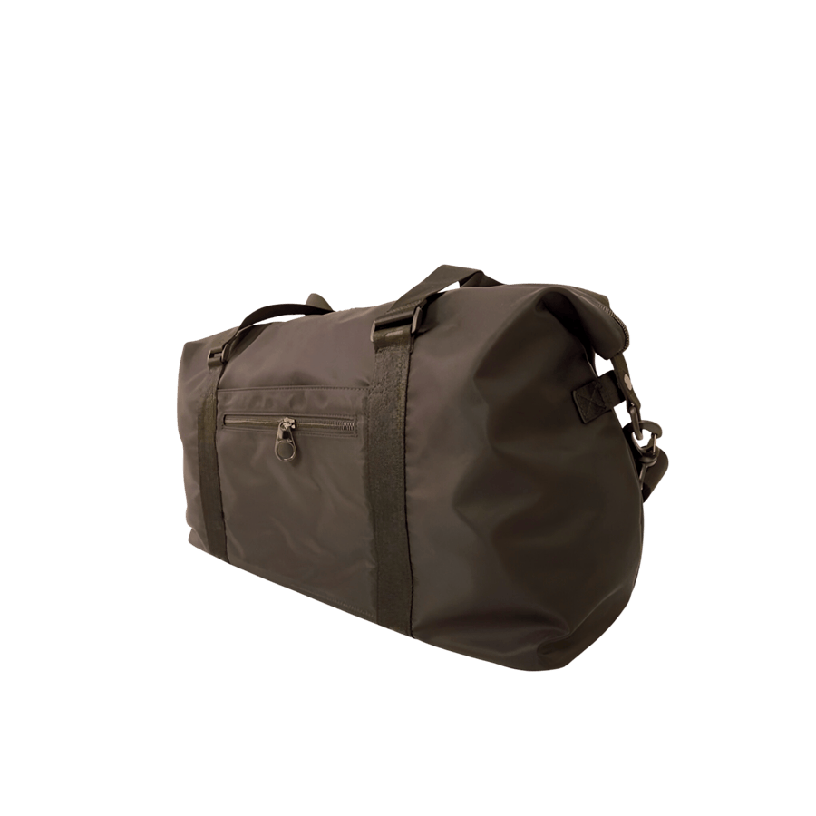 Khaki big duffel travelling bag with front zip pocket and back zip pocket to attach the luggage