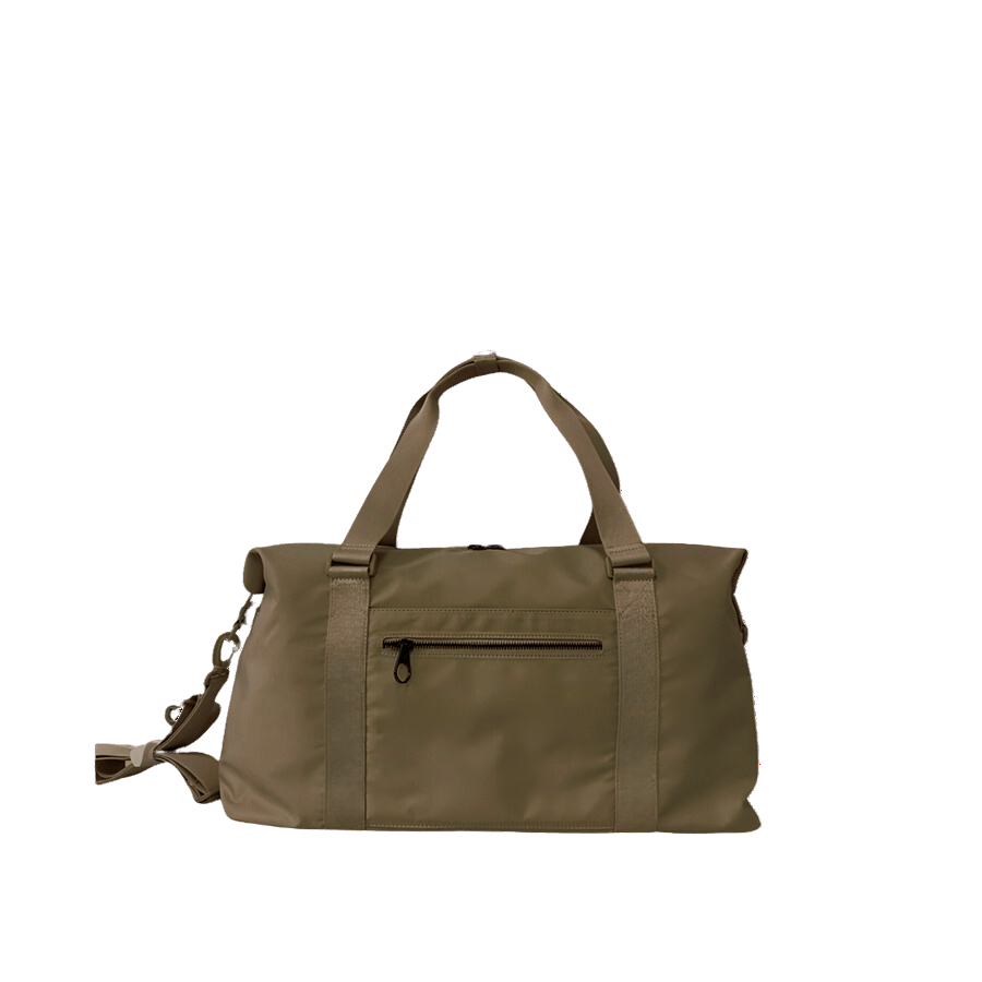 Khaki big duffel travelling bag with front zip pocket and back zip pocket to attach the luggage