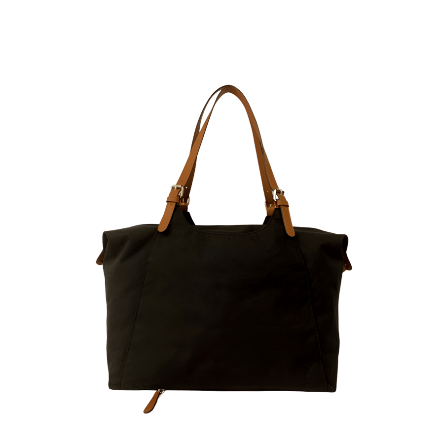 Black ladies travelling tote bag with camel trim PU and front zip pocket