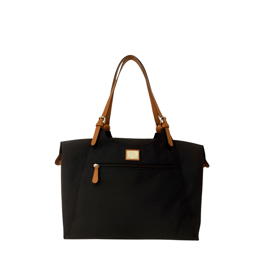Black ladies travelling tote bag with camel trim PU and front zip pocket