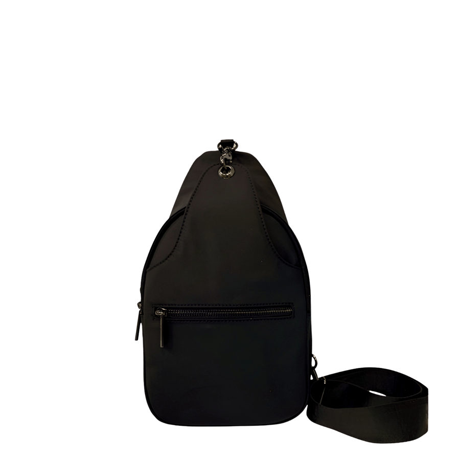 Black sling bag with front zip pocket and clips closure