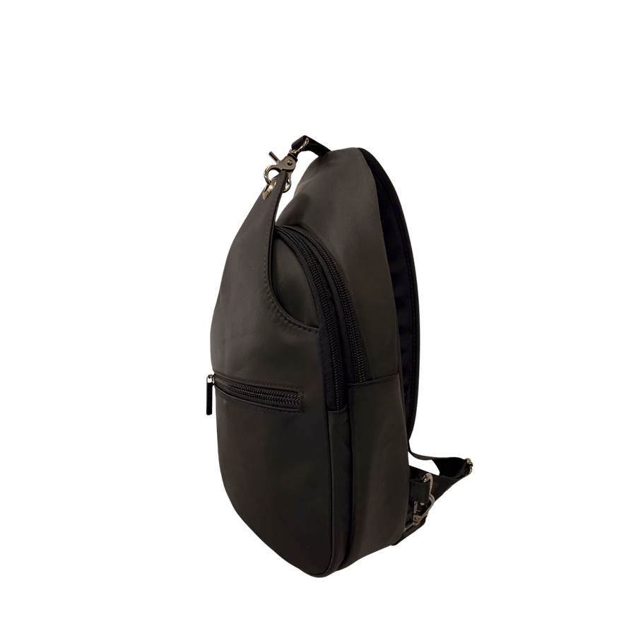 Black sling bag with front zip pocket and clips closure