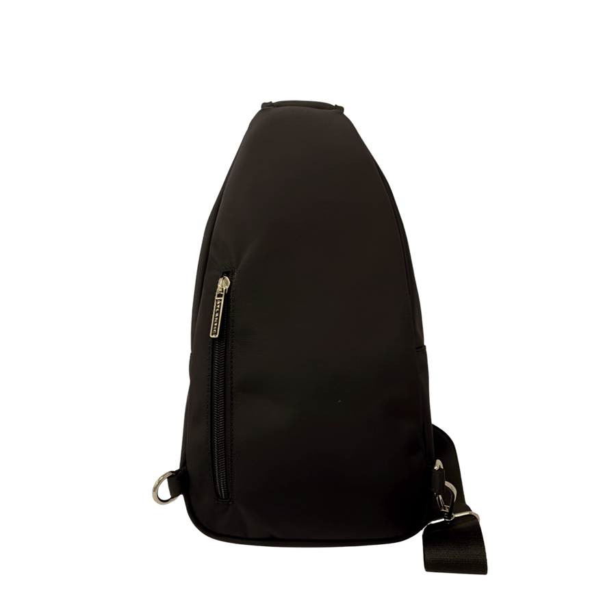Black sling bag with front zip pocket and clips closure