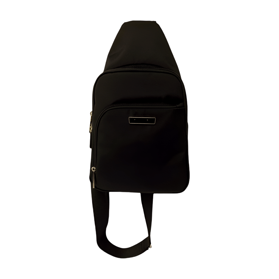 Black sling bag with front zip pocket and clips closure