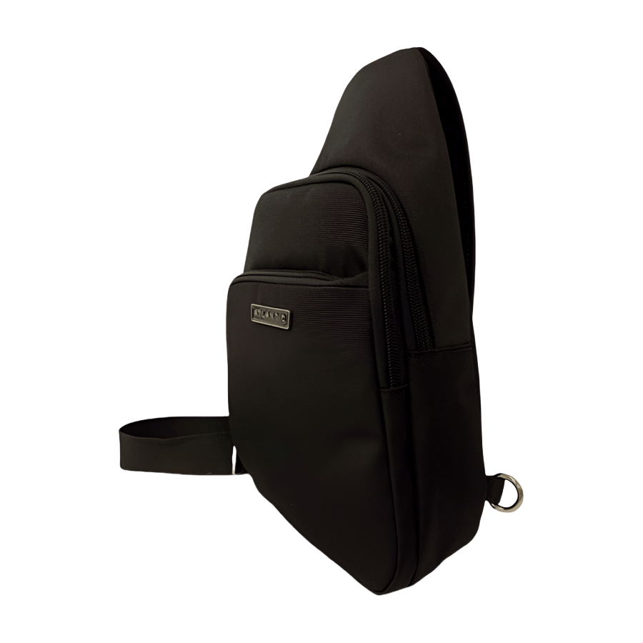 Black sling bag with front zip pocket and clips closure