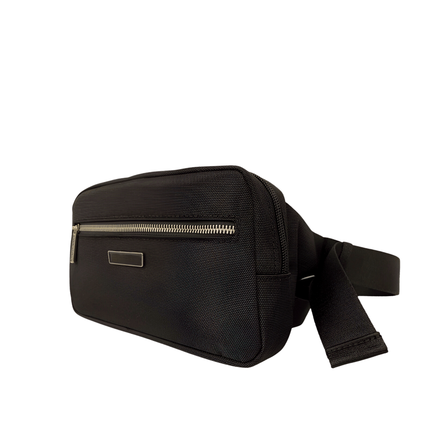 Black belt bag with enemal metal plate and front zip pocket