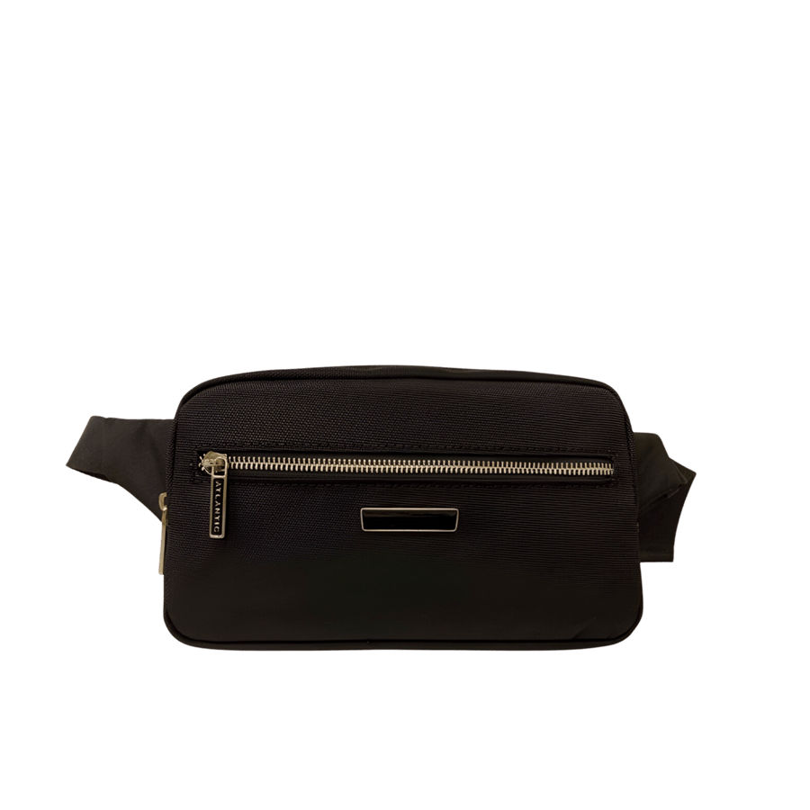 Black belt bag with enemal metal plate and front zip pocket
