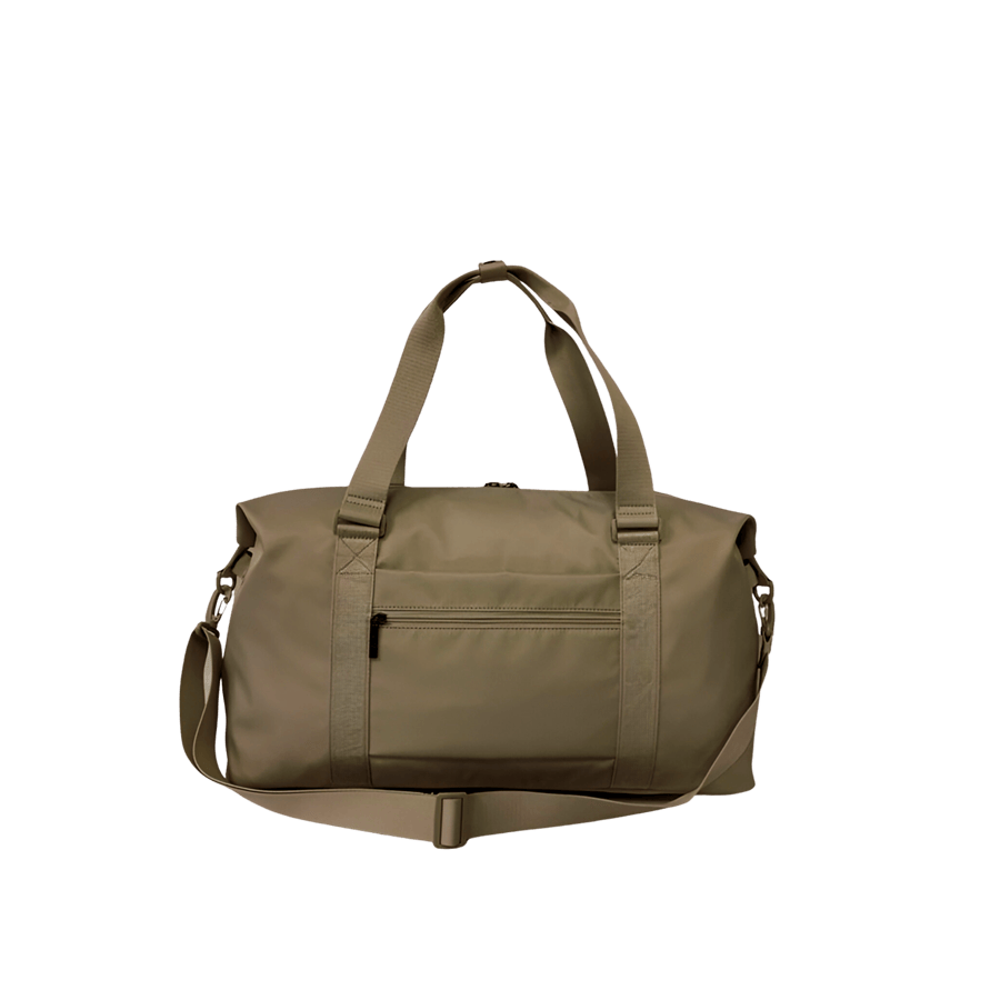 Khaki big duffel travelling bag with front zip pocket and back zip pocket to attach the luggage