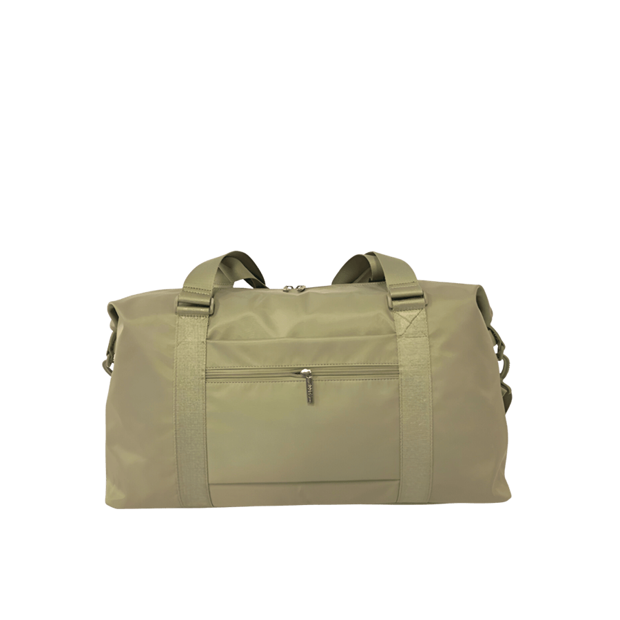 Khaki big duffel travelling bag with front zip pocket and back zip pocket to attach the luggage