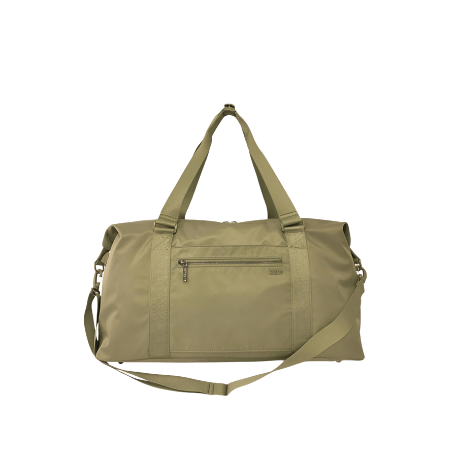 Khaki big duffel travelling bag with front zip pocket and back zip pocket to attach the luggage