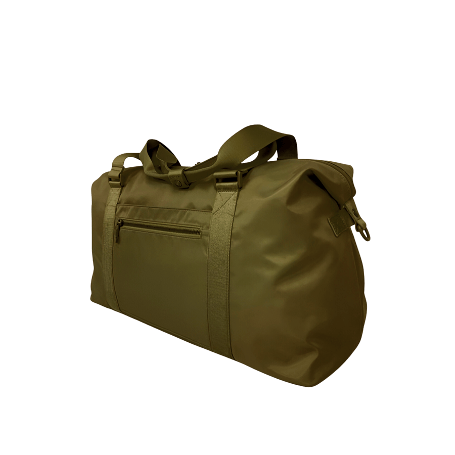 Khaki big duffel travelling bag with front zip pocket and back zip pocket to attach the luggage
