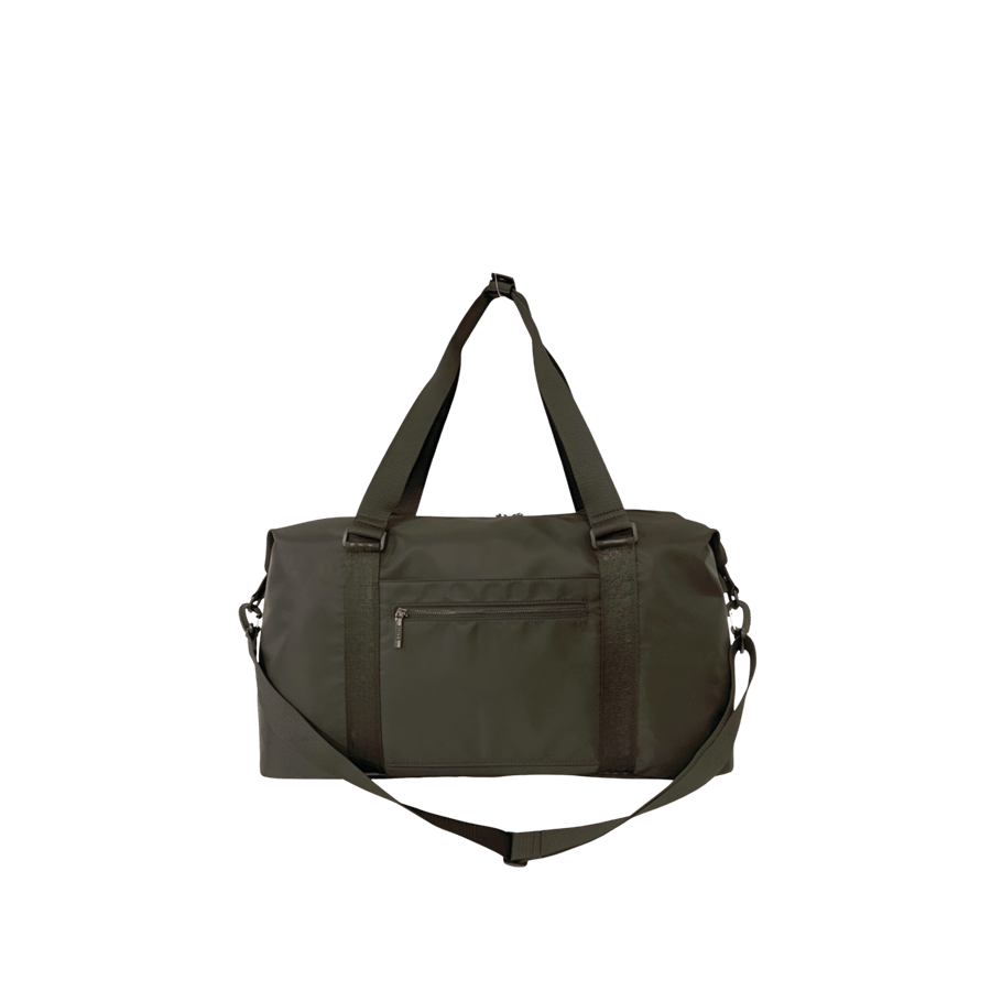 Khaki big duffel travelling bag with front zip pocket and back zip pocket to attach the luggage