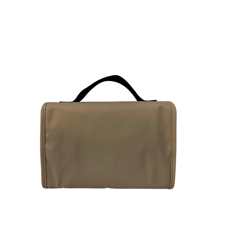 Grey toiletry bag with binding around the body