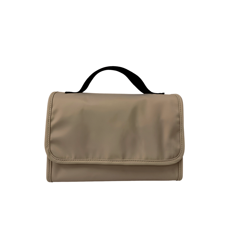 Grey toiletry bag with binding around the body