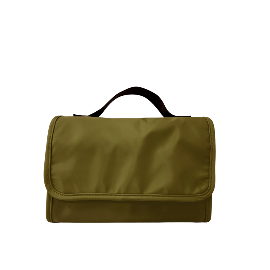 Grey toiletry bag with binding around the body
