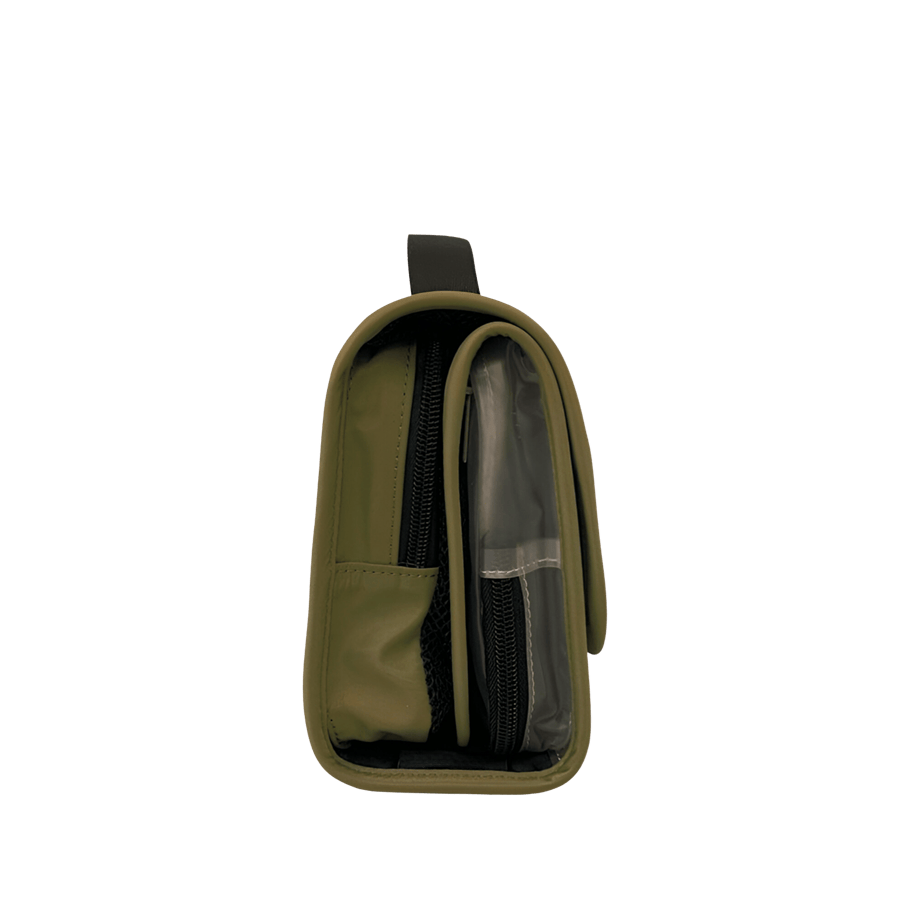 Grey toiletry bag with binding around the body