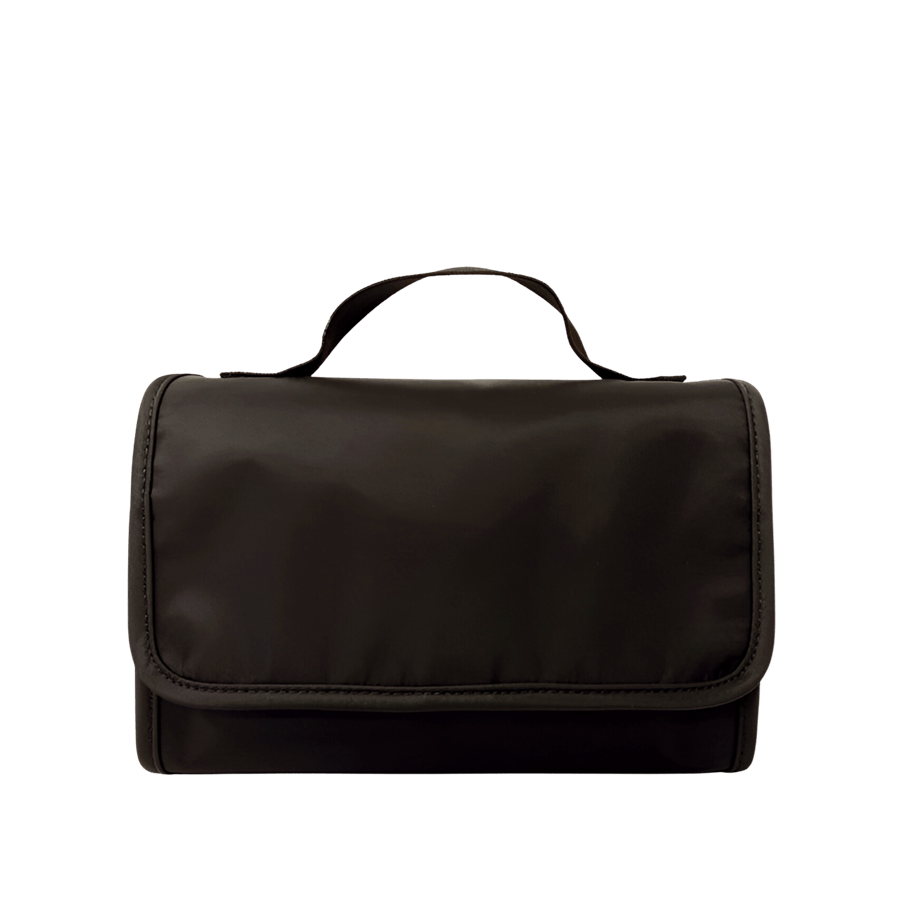 Grey toiletry bag with binding around the body
