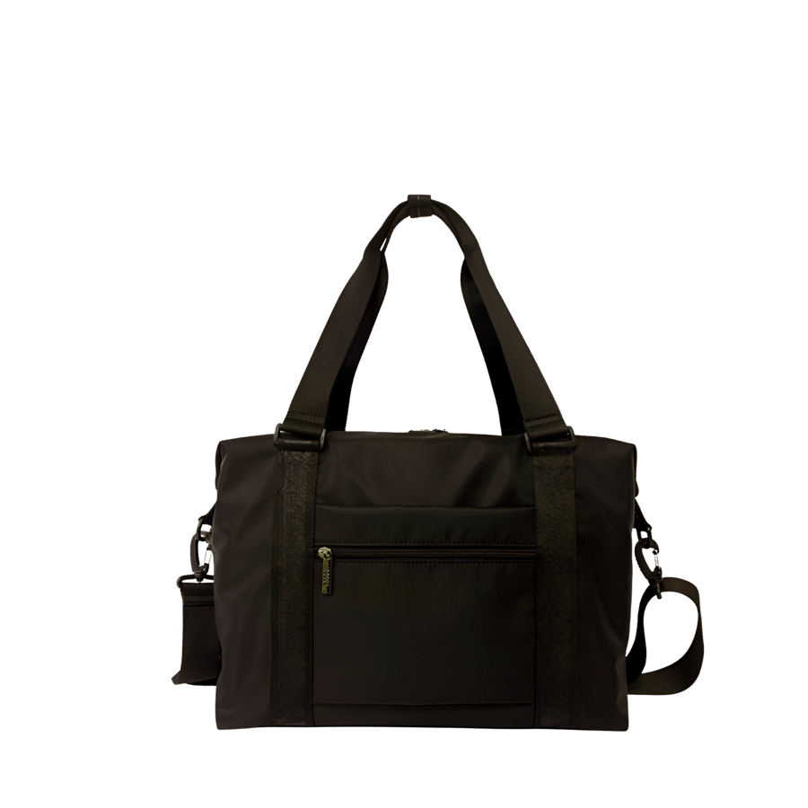 Black travelling tote bag with front zip pocket and back zip pocket to attach the luggage