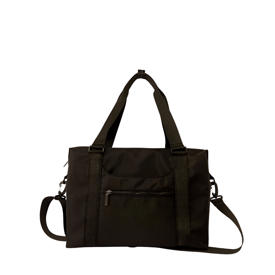 Black travelling tote bag with front zip pocket and back zip pocket to attach the luggage