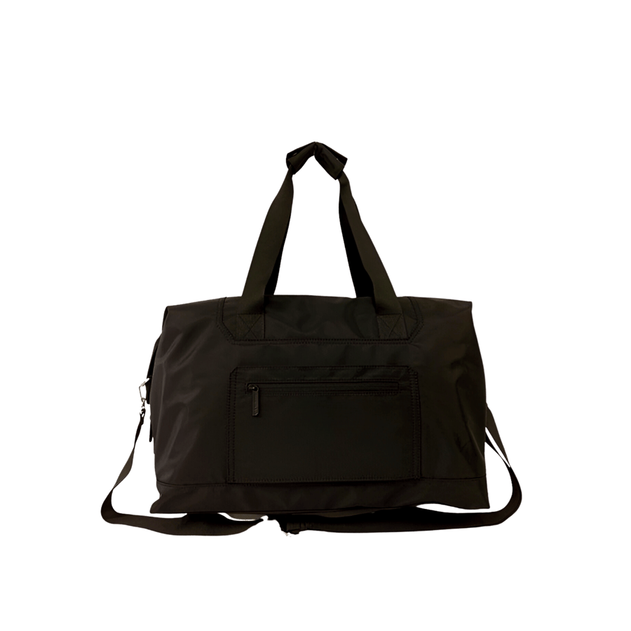 Black travelling tote bag with enemal metal plate and front zip pocket