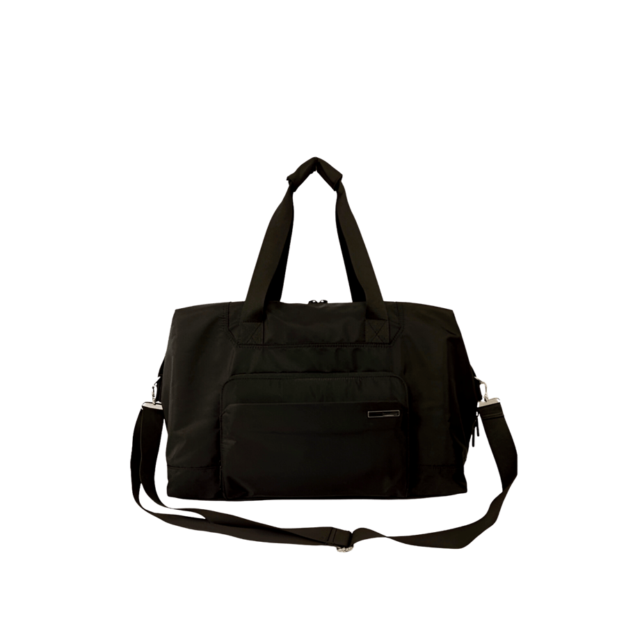 Black travelling tote bag with enemal metal plate and front zip pocket