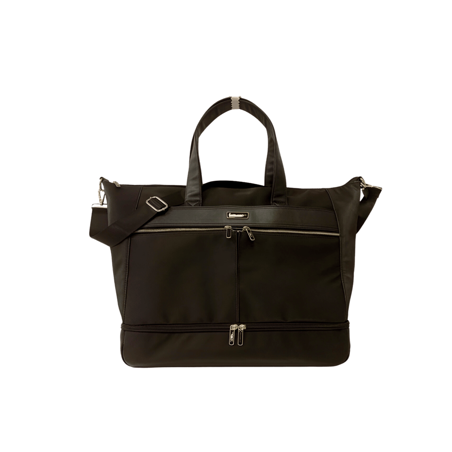 Black big travelling tote bag with shoes pocket and front zip pocket